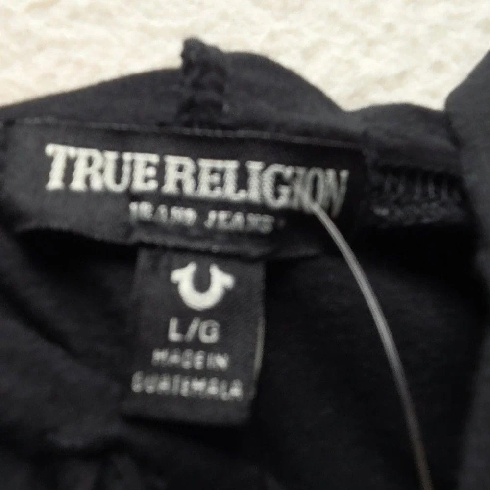 True Religion Hoodie Mens Large Black Sleeveless World Tour Graphic Pullover Top